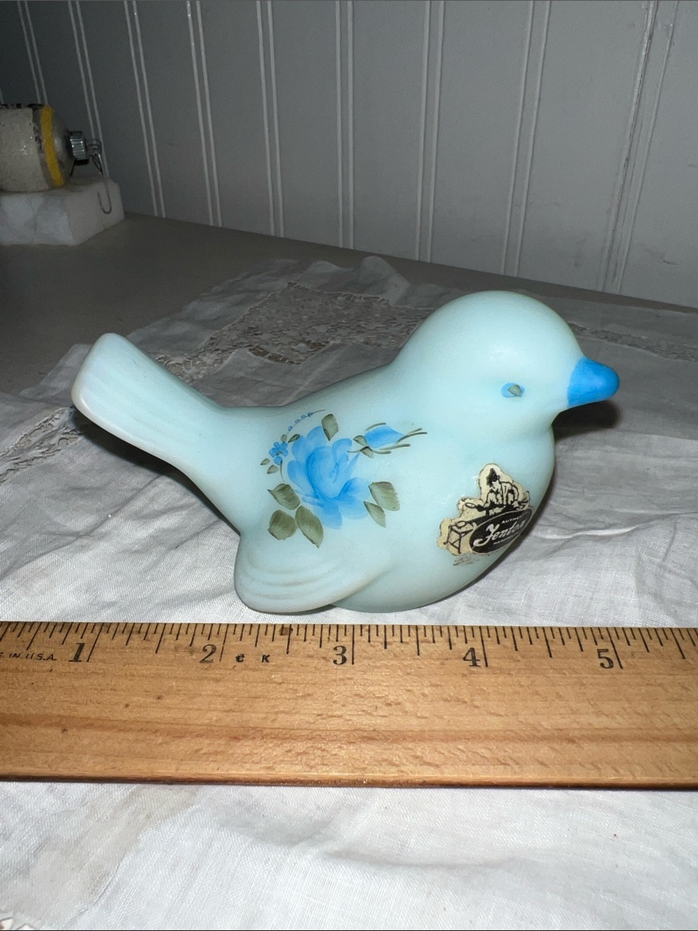 Vintage NWT Fenton Songbird Blue Roses Blue Bird In Satin Custard Glass SIGNEd
